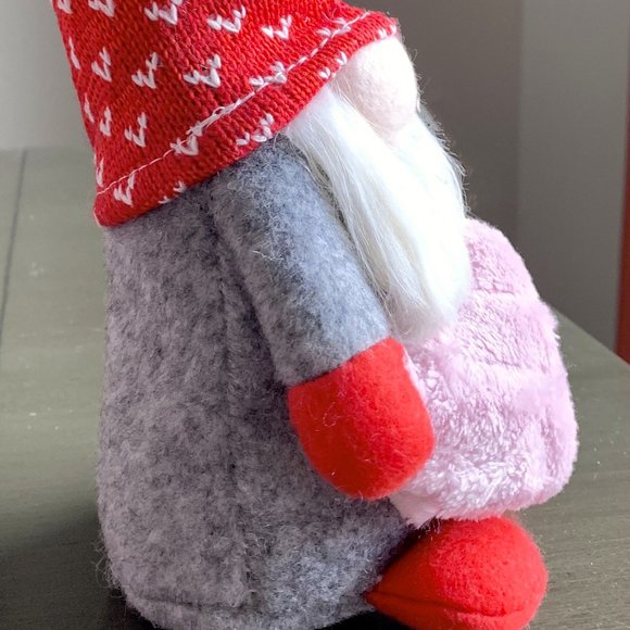 11 1/2"L Valentine's Day Plush Love Gnome Doll Holding Pink Heart Red Knit Cap - Picture 5 of 6